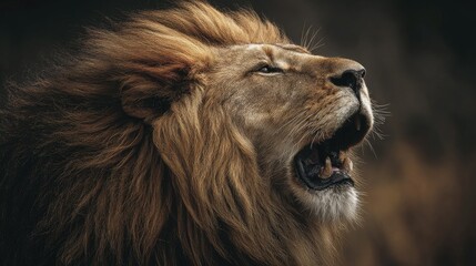 close-up of lion roaring with mane blowing, color tones: golden tawny, dark brown, and savannah tan