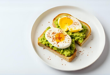 Flat lay of sourdough toast with mashed avocado and poached egg on top, sprinkled with chili flakes. Clean white plate and background, healthy brunch theme.