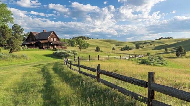 A large house sits on a grassy hillside with a fence around it. The sky is cloudy, but the sun is still shining through the clouds. The scene is peaceful and serene, with the house