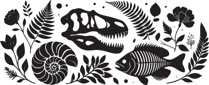 Dinosaur skull fossil fish skeleton ammonite fern flowers vector