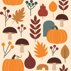 A stylized autumn seamless pattern combines classic harvest icons like pumpkins, leaves, and mushrooms with a subtle tombstone motif for a modern Halloween feel. Vector Patterns