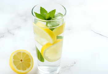 Flat lay of glass filled with lemon slices, mint leaves, and cold water, placed on white marble background. Minimalist summer drink concept with clarity and freshness.