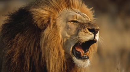 close-up of lion roaring with mane blowing, color tones: golden tawny, dark brown, and savannah tan