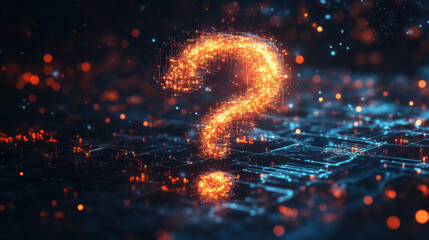 A glowing question mark is displayed on a dark background. The image has a futuristic and mysterious vibe, with the question mark appearing to be floating in the air