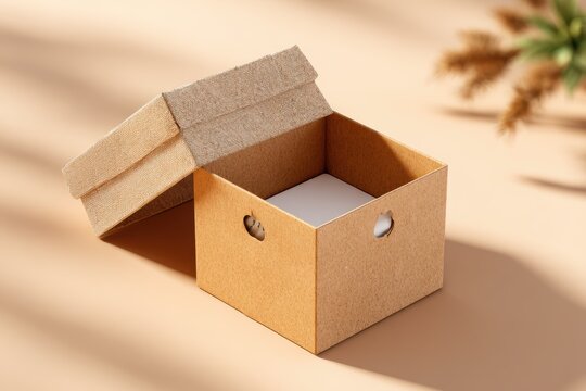 Small open cardboard box with a plain white insert, displayed on a soft beige surface surrounded by gentle natural light and subtle greenery in the background.