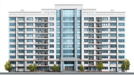 Modern residential building with balconies and glass facade standing on white background is perfect for architectural visualization and real estate projects
