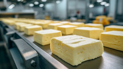 Blocks of pale yellow cheese on stainless steel conveyor belt in dairy processing plant
