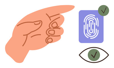 Hand gesture emphasizing biometric fingerprint and eye scan approval. Ideal for security, technology, identity authentication, privacy, verification, biometrics, and simple flat metaphor