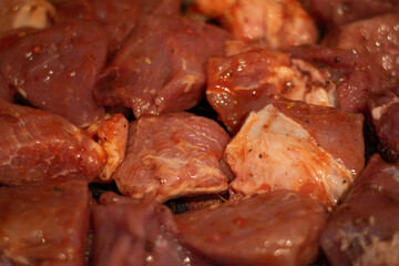 Freshly Marinated Meat Pieces Perfectly Prepared and Ready for Grilling and Cookouts