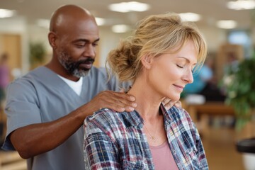 Professional massage therapy session in a wellness center, featuring a caring therapist providing relaxation and comfort to a female client in a serene environment.