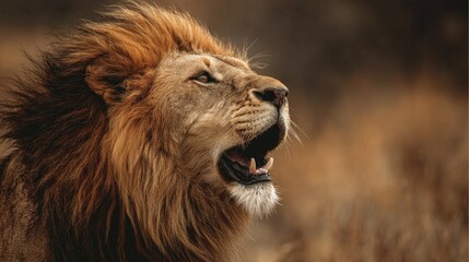 close-up of lion roaring with mane blowing, color tones: golden tawny, dark brown, and savannah tan