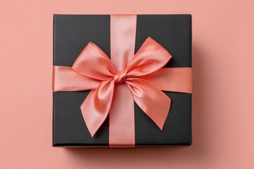 Black gift box with peach ribbon and bow on a peach colored background