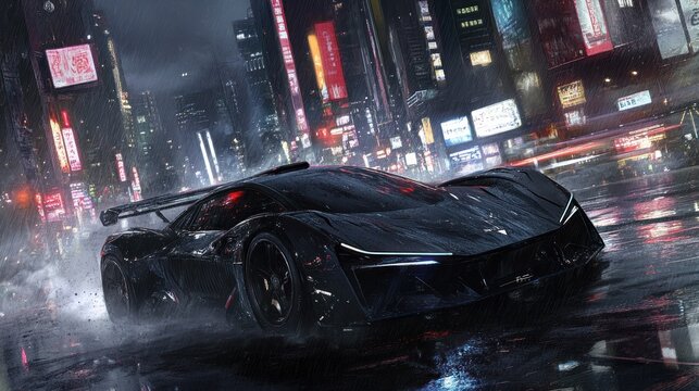 Futuristic city street scene with sleek sports car