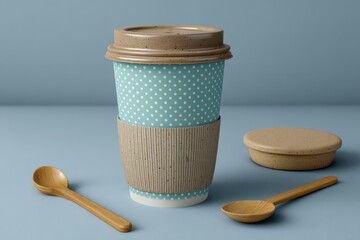 A polka dot coffee cup with a lid and two wooden spoons on a surface