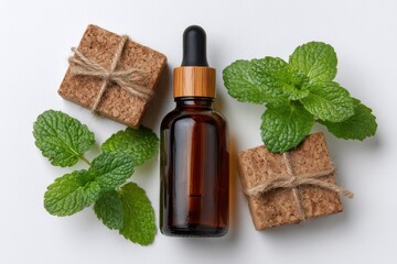 Amber bottle with dropper mint leaves and cork soaps on a white table