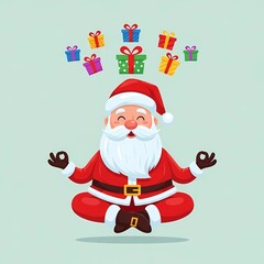 Meditating Santa Claus Floating with Gift Boxes – Whimsical Christmas Yoga Vector Illustration