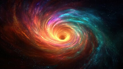 Cosmic Whirlpool: An abstract cosmic scene featuring a spiraling nebula of vibrant colors, resembling a galactic whirlpool set against the backdrop of deep space.