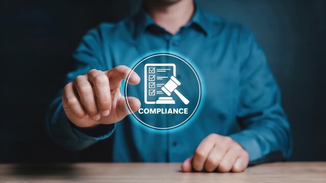 A concept around compliance is highlighted as a man interacts with a holographic display, showcasing regulations, legal matters, and the importance of being law abiding in business matters.
