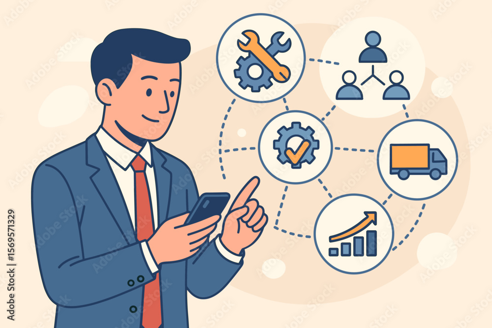 Poster businessman managing business automation on a smartphone. manager using app for workflow optimizatio