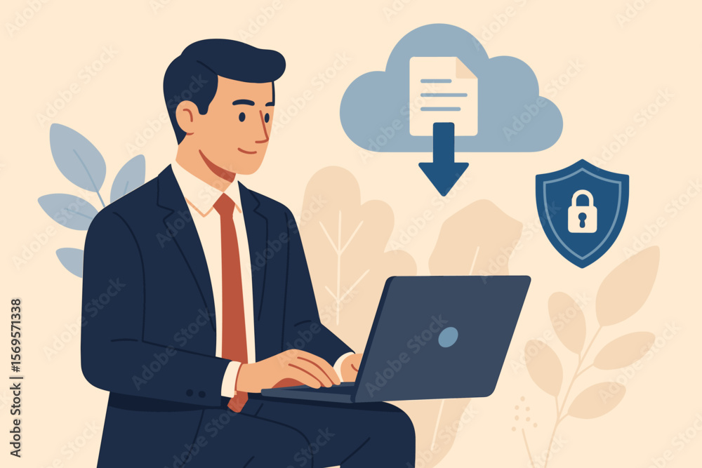 Poster cloud computing data security concept. businessman with laptop downloading files from a secure cloud
