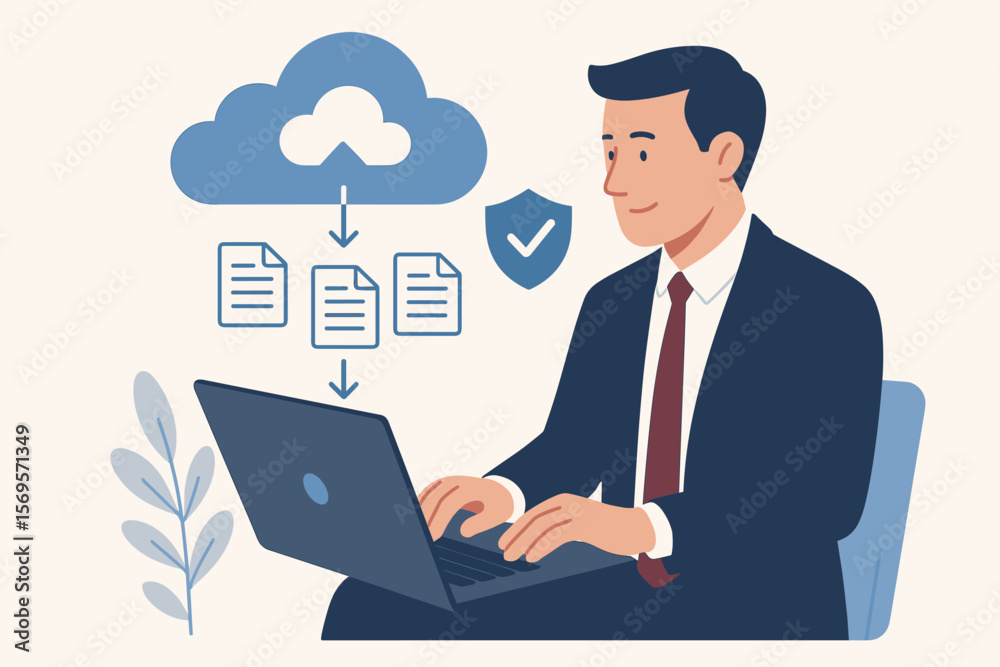 Poster cloud computing security concept. businessman at laptop downloading protected files from secure clou