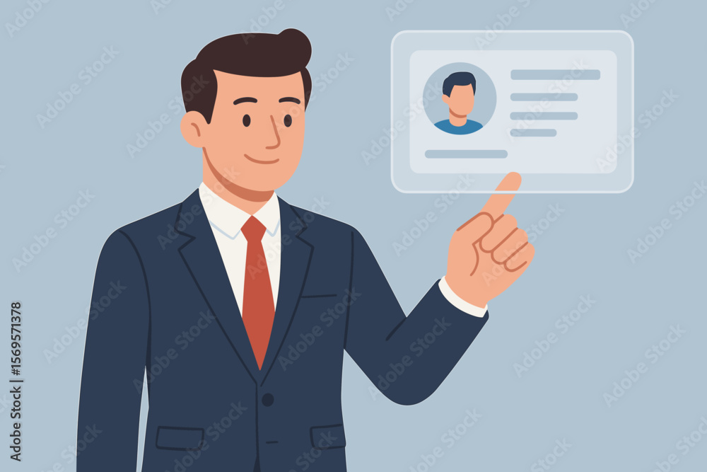 Poster digital identity verification concept. man using virtual screen for authentication. businessman with