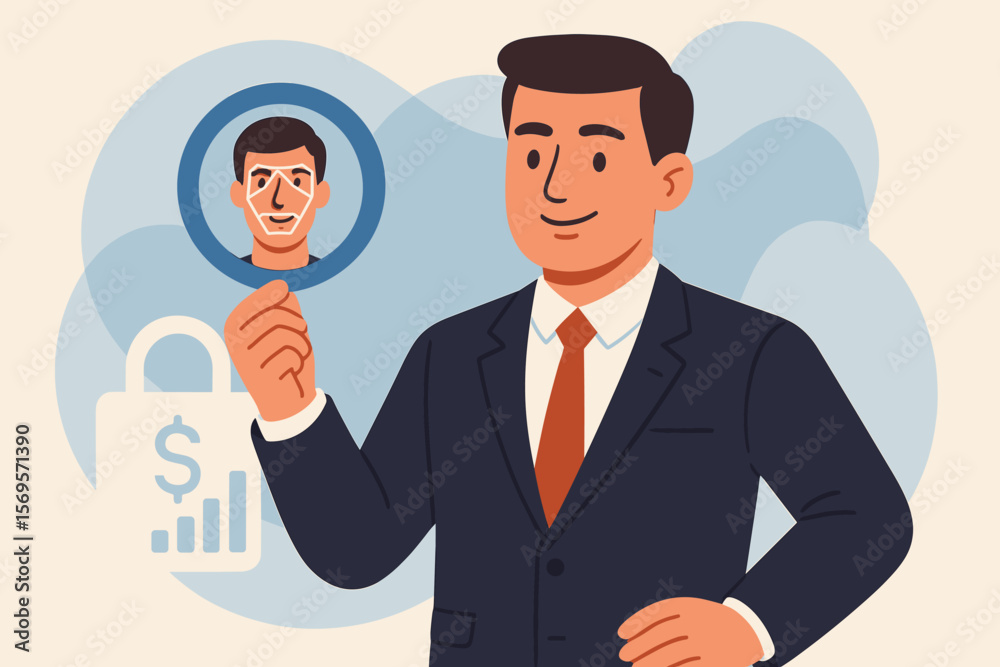 Poster biometric authentication for financial security. businessman using face recognition for identity ver