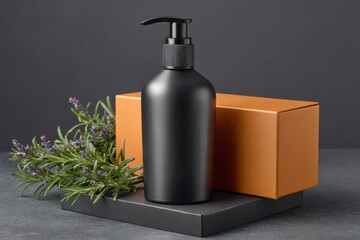 A black pump bottle with lavender and orange box on a dark surface