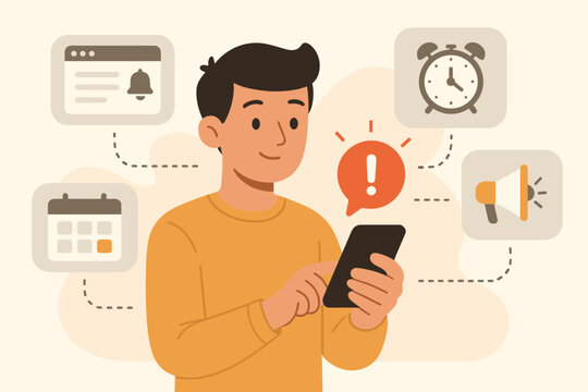 Alert notification concept. Man using smartphone to get push notifications, web reminders, and important announcements. Person checking schedule, agenda, and event updates.