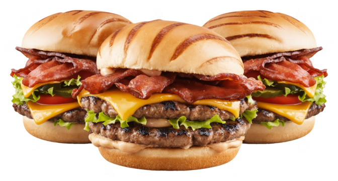 Gourmet Beef Burgers with Bacon and Cheese on Transparent Background for Restaurant Menus, Food Delivery Apps, and Culinary Marketing