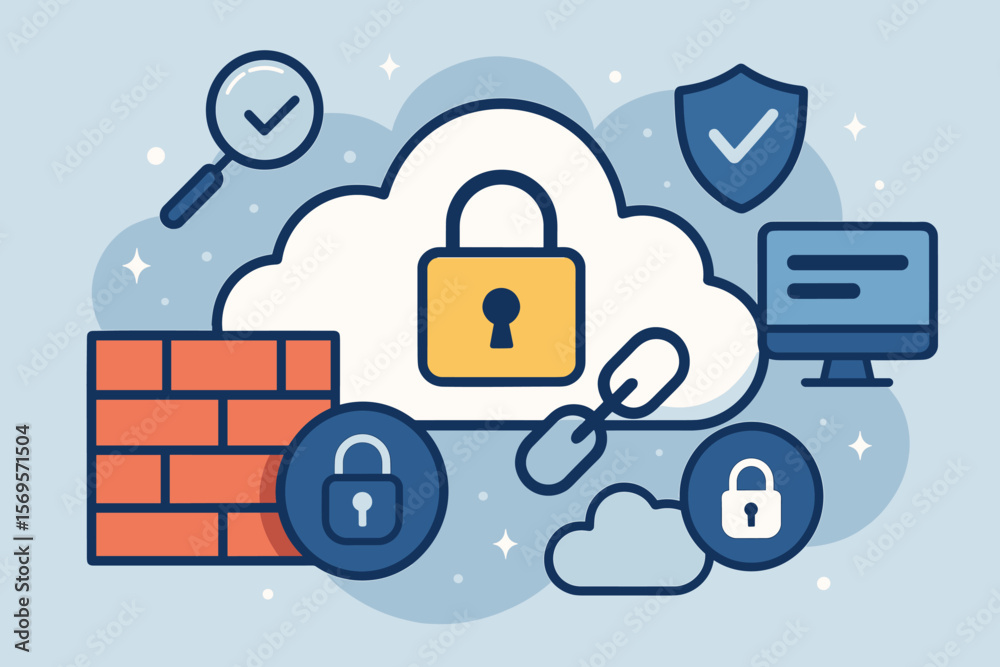 Poster Cloud security vector concept. Data protection, privacy, encryption, and firewall. IT network safety and cybersecurity with continuous monitoring and cloud computing solution.
