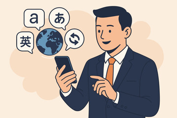 Businessman using smartphone for global language translation and multilingual communication. Man holding phone with translation app icon, globe and foreign language symbols.
