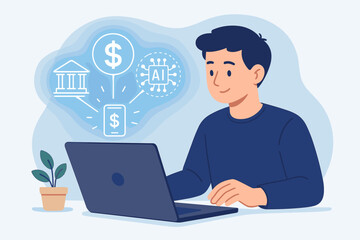 FinTech financial technology concept. Man using laptop for digital banking, online finance, mobile payments, and investment with AI. Innovation in economy and business. Vector.