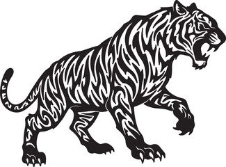 Stylized tribal tiger silhouette, sharp angular patterns, aggressive stance, abstract claws and tail, black ink design on white background, tattoo style Adobe Illustrator Artwork