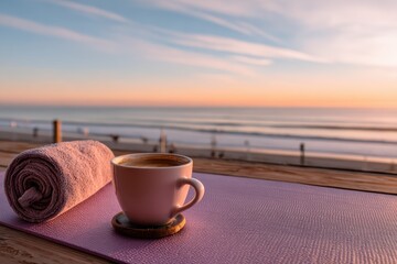 Tranquil Morning Coffee by the Ocean at Sunrise with Soft Waves and Serene Beach View, Creating a Perfect Relaxing Escape Experience