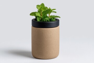 A potted mint plant in a cylindrical pot with a black rim on white background
