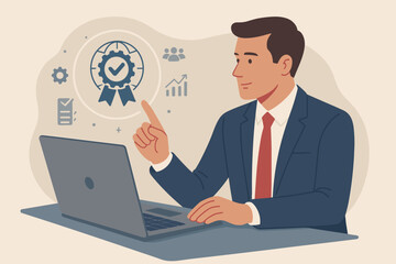 ISO 9001 certification concept. Businessman points at virtual screen with quality management system symbol. Standardisation, control, assurance and audit process banner.