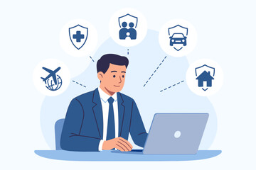 Insurance and assurance concept. Businessman using laptop with icons for medical, life, family, car, home, travel insurance. Agent offering online protection policy. Vector.