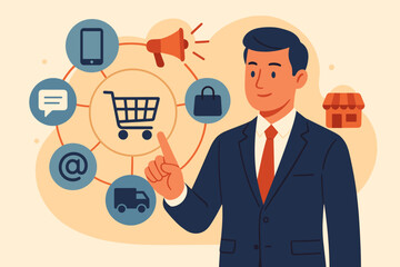 Omni channel marketing strategy concept. Businessman in suit touching digital icons for online and offline sales, social media, communication, e-commerce, delivery, mobile shopping