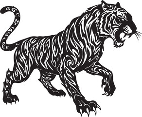 Obraz premium Stylized tribal tiger silhouette, sharp angular patterns, aggressive stance, abstract claws and tail, black ink design on white background, tattoo style Adobe Illustrator Artwork