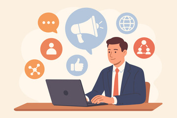 Public relations business strategy. Businessman at laptop with PR, communication, marketing, advertising, social media, networking icons. Modern flat vector illustration.