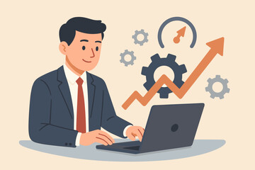 Business productivity improvement process concept. Businessman using laptop with growth arrow, gears, efficiency, performance management, workflow optimization, modern flat vector