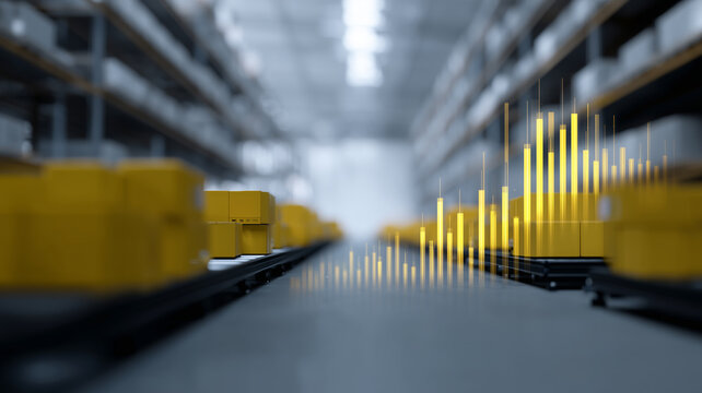 Automated warehouse robots managing inventory with digital data visualization, modern logistics technology
