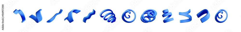 Fototapete a set of blue 3d rendered abstract shapes on a white background. collection of wavy, spiral, and cur