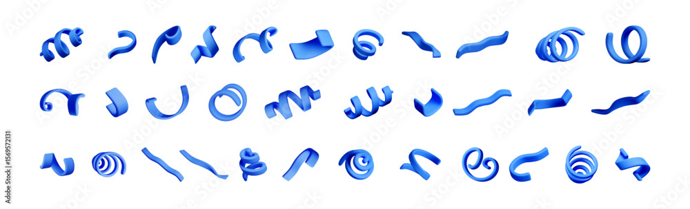 Fototapete a set of blue 3d rendered abstract shapes on a white background. collection of wavy, spiral, and cur