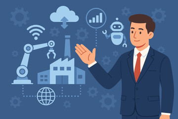 Industry 4.0 smart factory automation concept. Businessman presenting industrial IoT, robotics, cloud computing, big data, artificial intelligence, smart manufacturing system