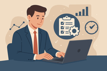 Service Level Agreement SLA Concept. Businessman Tracking Service Performance, Process Optimization, KPI Checklist, Productivity, Quality Assurance, Time Management, Data Analysis