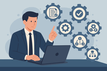 Standard Operating Procedure SOP Concept. Businessman Using Laptop with Virtual Icons for Workflow, Process Automation, Instructions, Quality Control, Management, Checklist, Steps