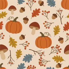 A cozy, fall-themed seamless pattern is filled with illustrated woodland icons such as pumpkins, mushrooms, acorns, and colorful foliage. Vector Patterns