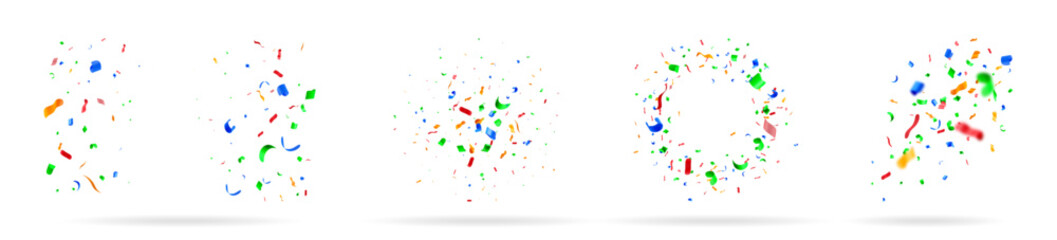 Five 3d vector illustrations of colorful confetti particles. Bright explosion of celebration material for festive design elements.
